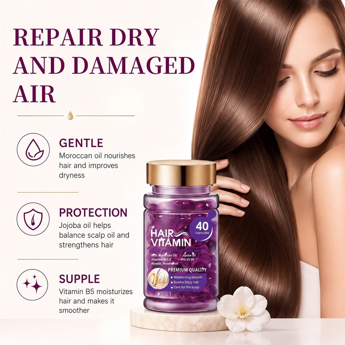 Hair Vitamin Capsules Infused with Violet Vitamins & Argan Oil for Color-Treated & Permed Hair Smooths Frizz Restores Silkiness & Shine 40 Capsules.
